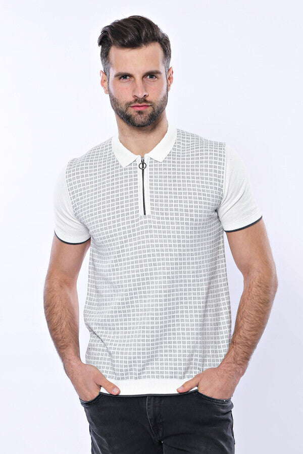 Light Grey Plaid Zippered Knitted Polo T-Shirt