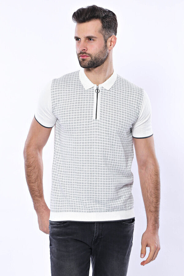 Light Grey Plaid Zippered Knitted Polo T-Shirt
