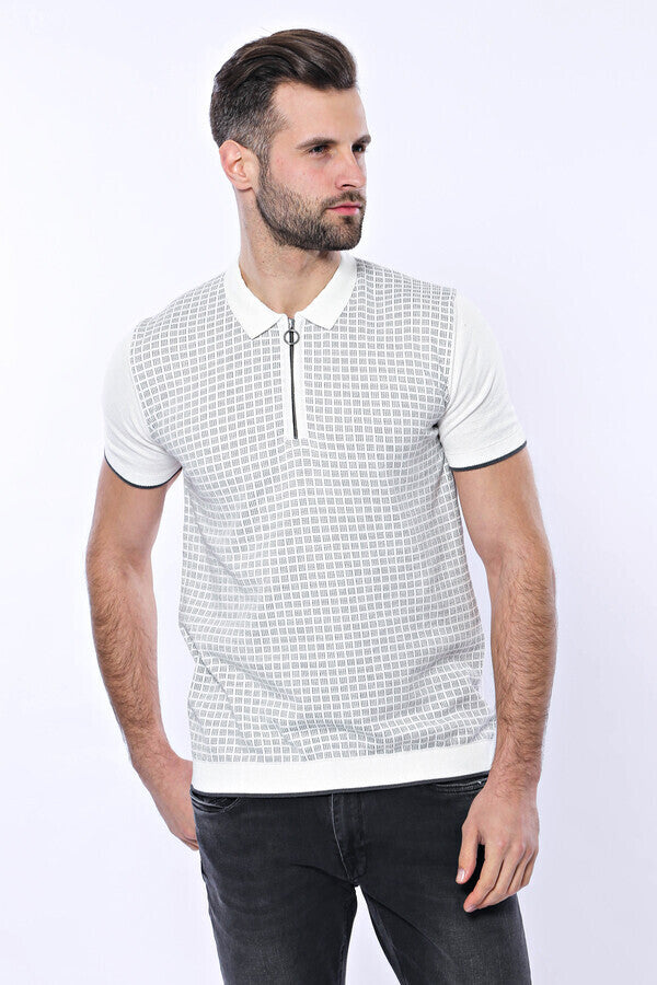 Light Grey Plaid Zippered Knitted Polo T-Shirt