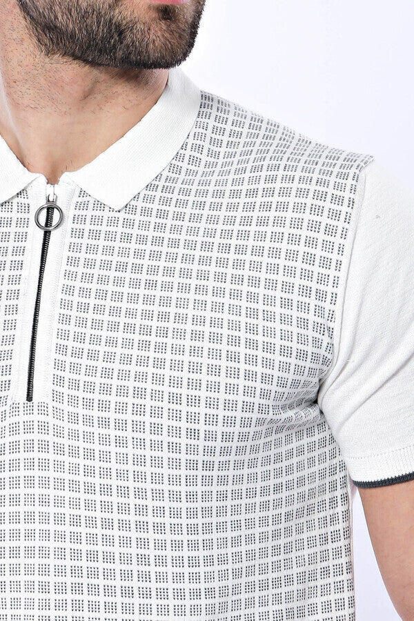 Light Grey Plaid Zippered Knitted Polo T-Shirt