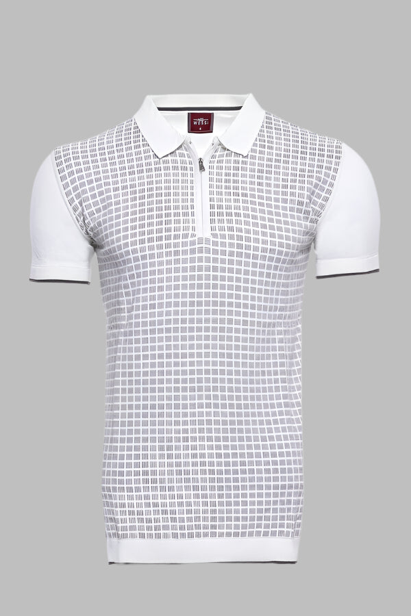 Light Grey Plaid Zippered Knitted Polo T-Shirt