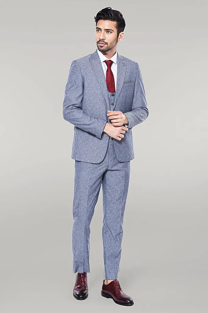 KOALA SYDNEY Linen Touch Blue Men's 3 Piece Suit -