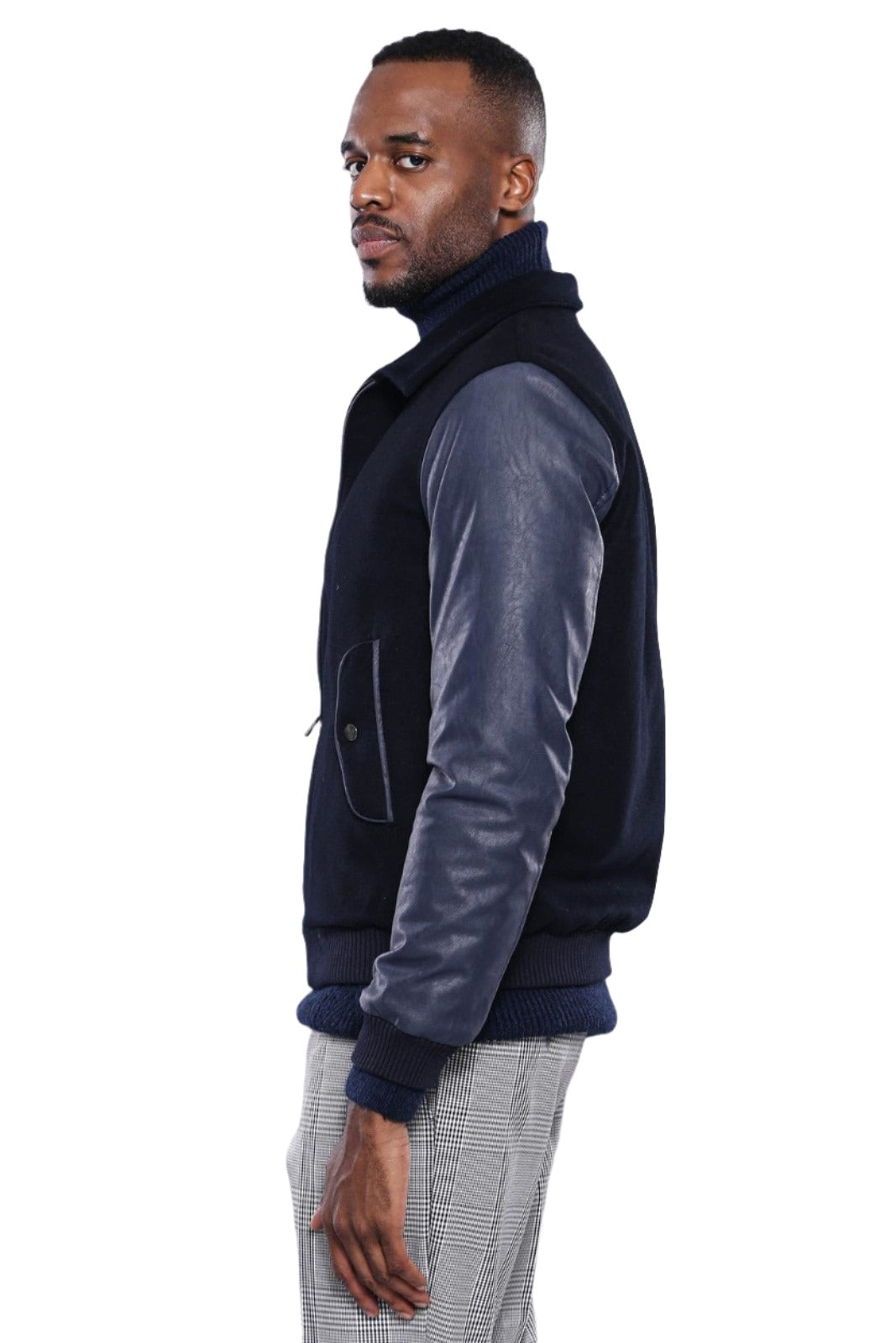Leather Sleeve Navy Blue Cachet Coat