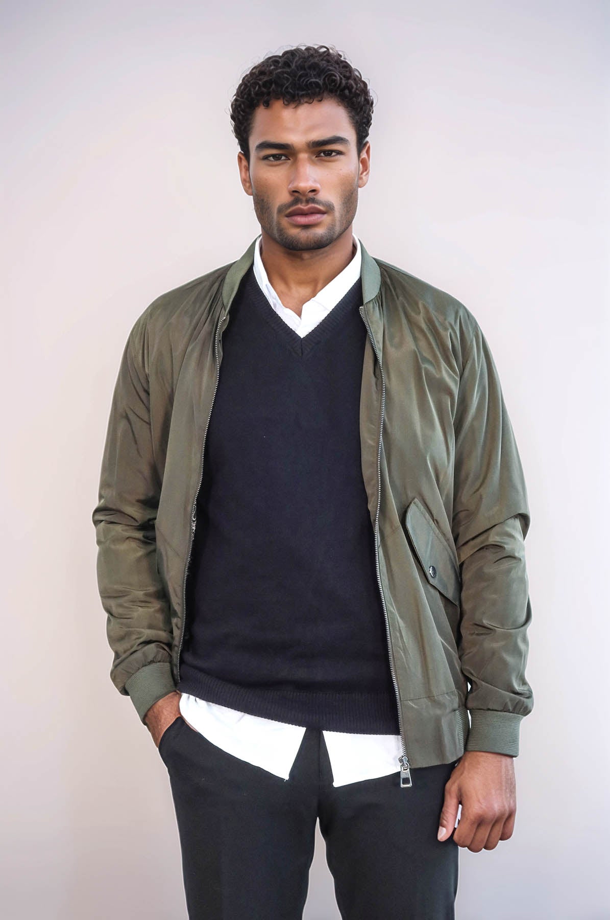 KOALA SYDNEY Zippered Flap Pockets Khaki Men Bomber Coat