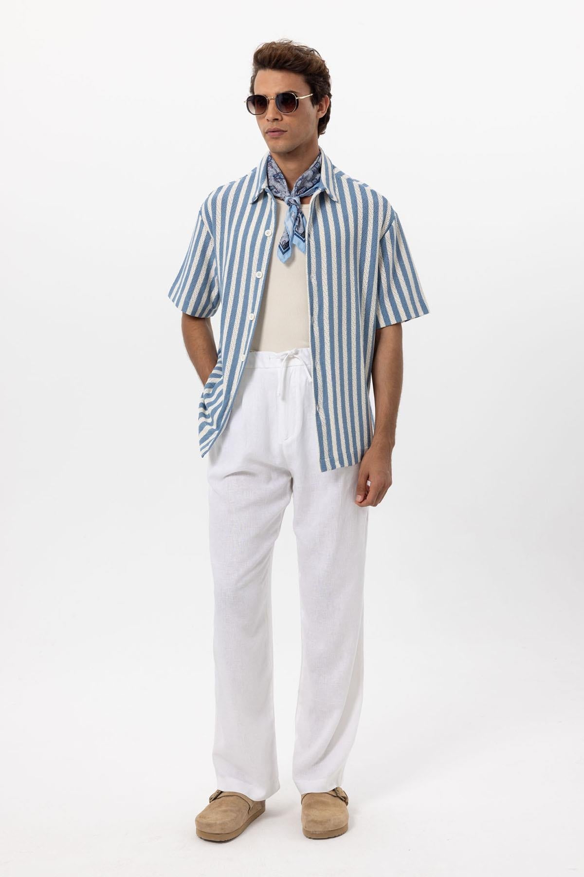 Men's Blue Oversized Knit Striped Shirt - Wessi