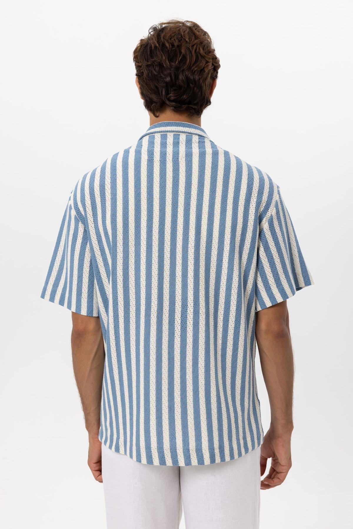 Men's Blue Oversized Knit Striped Shirt - Wessi