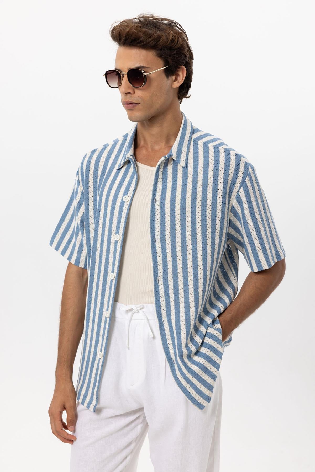 KOALA SYDNEY Men's Blue Oversized Knit Striped Shirt