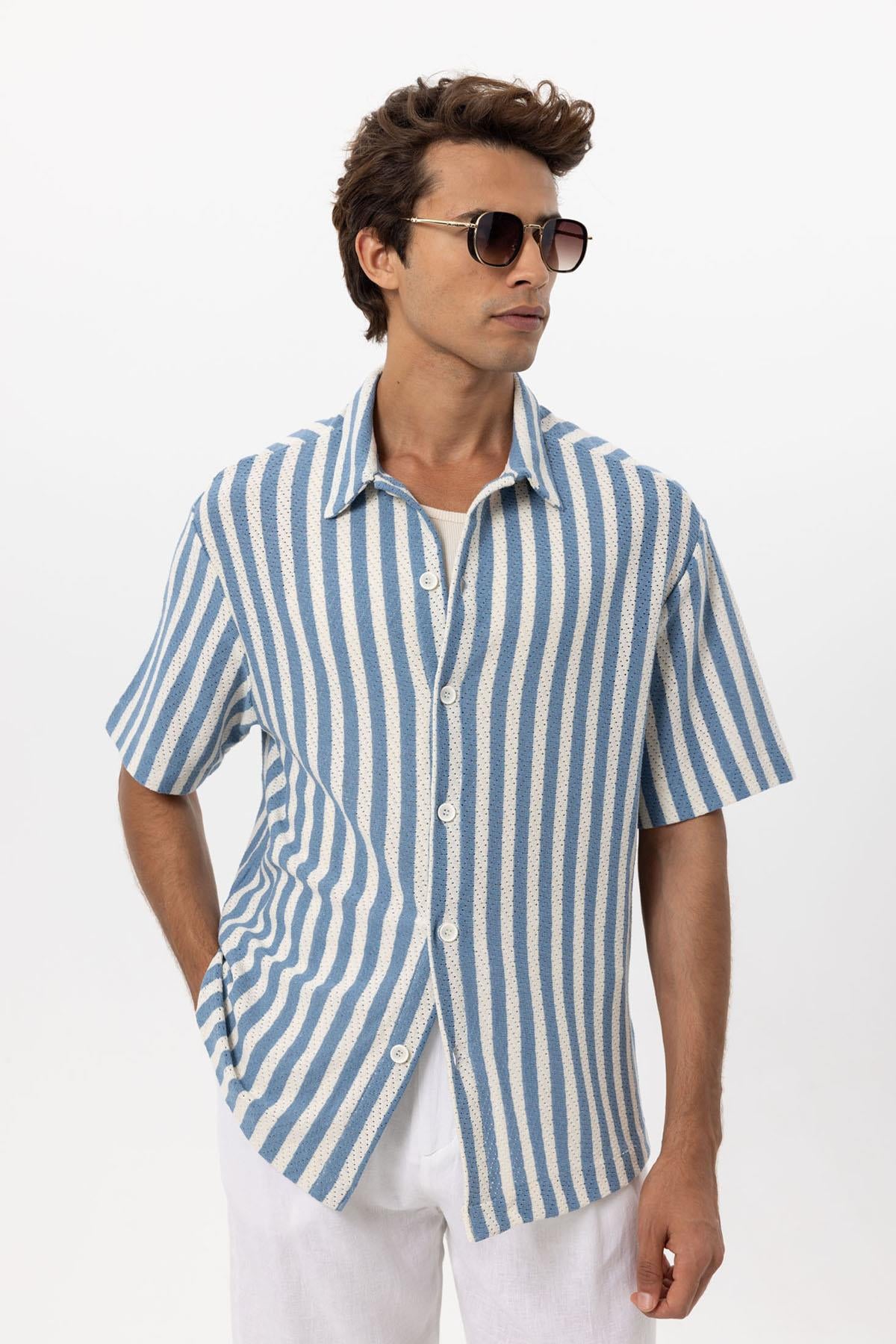 Men's Blue Oversized Knit Striped Shirt - Wessi