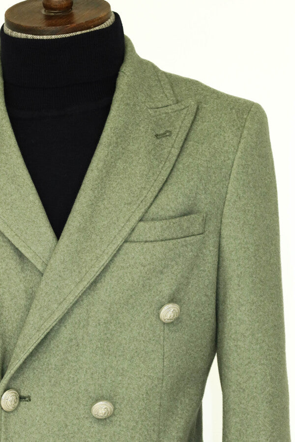 Metal Buttons Wool Cashmere Green Men Double Breasted Coat