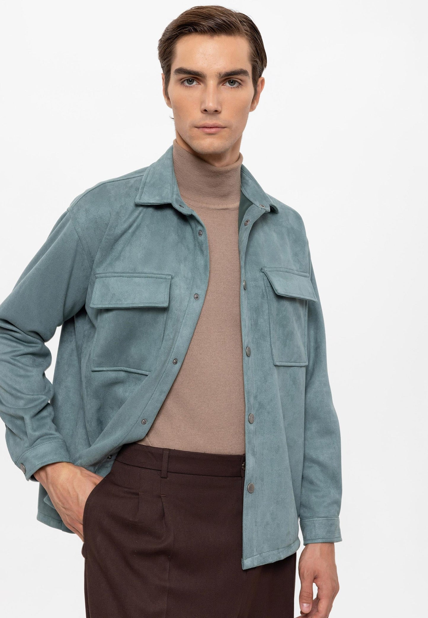Men's Mint Suede Regular Fit Shirt with Metal Buttons