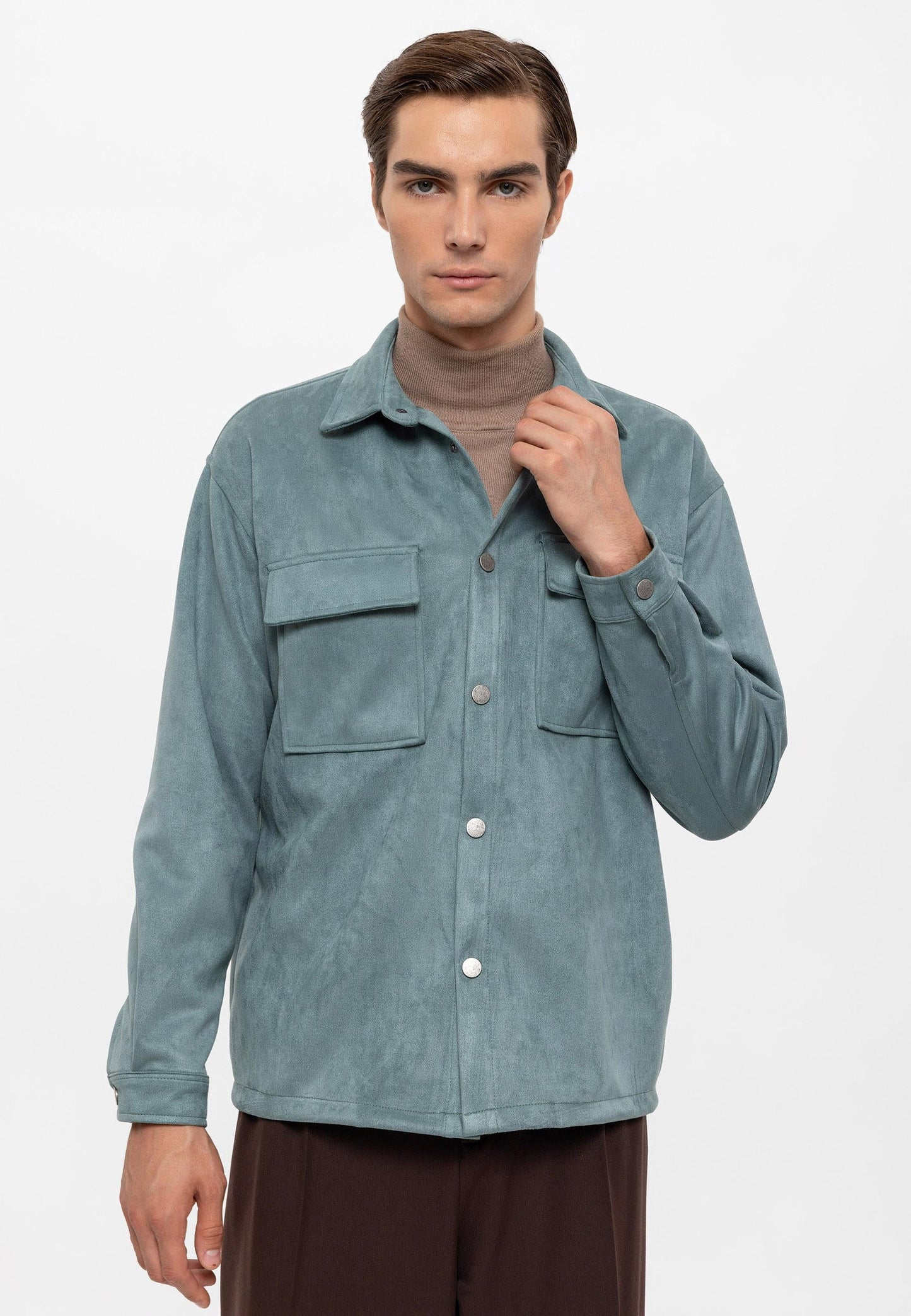 Men's Mint Suede Regular Fit Shirt with Metal Buttons