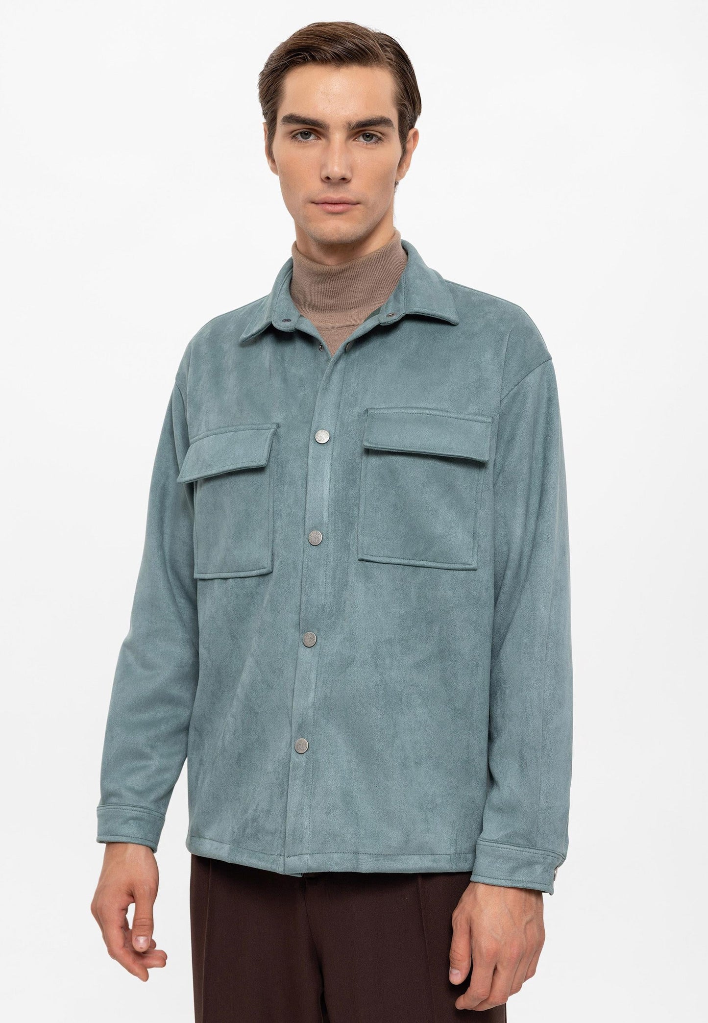 Men's Mint Suede Regular Fit Shirt with Metal Buttons