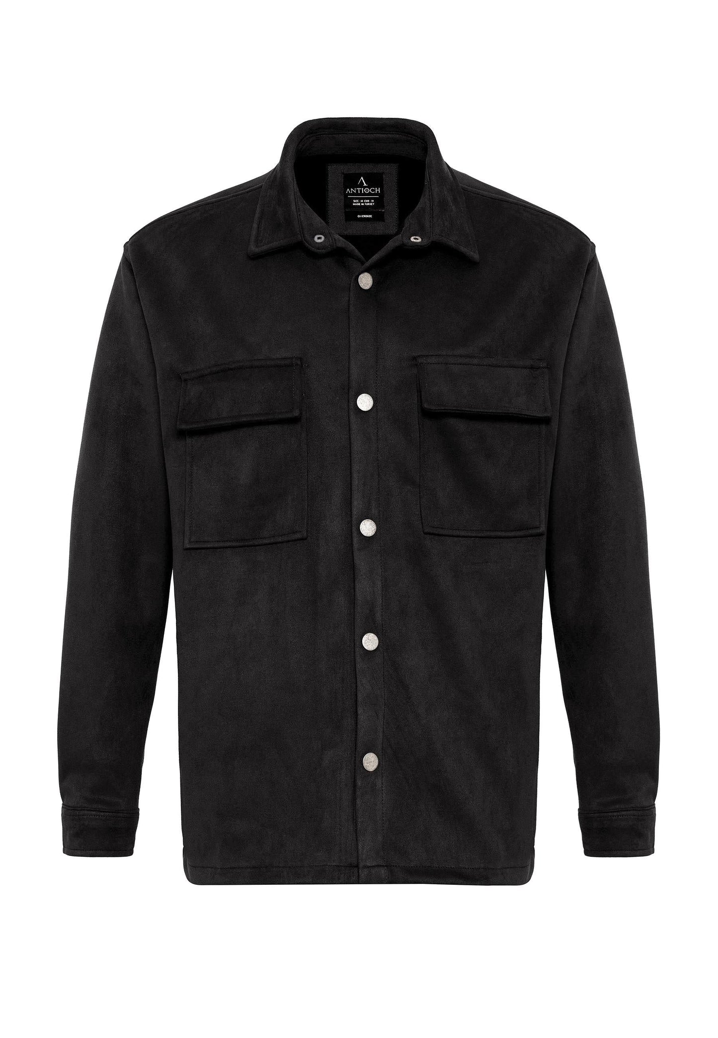 Men's Black Suede Regular Fit Shirt with Metal Buttons
