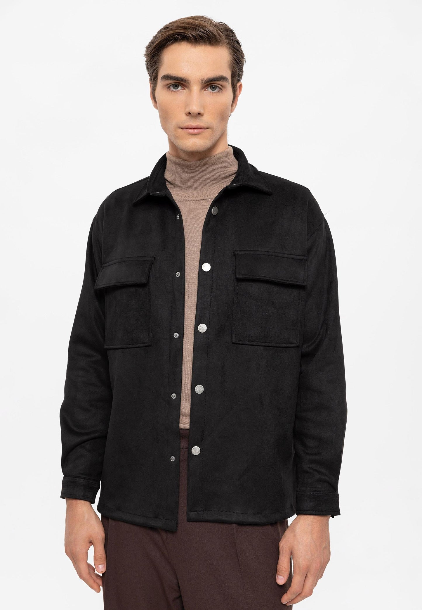 Men's Black Suede Regular Fit Shirt with Metal Buttons