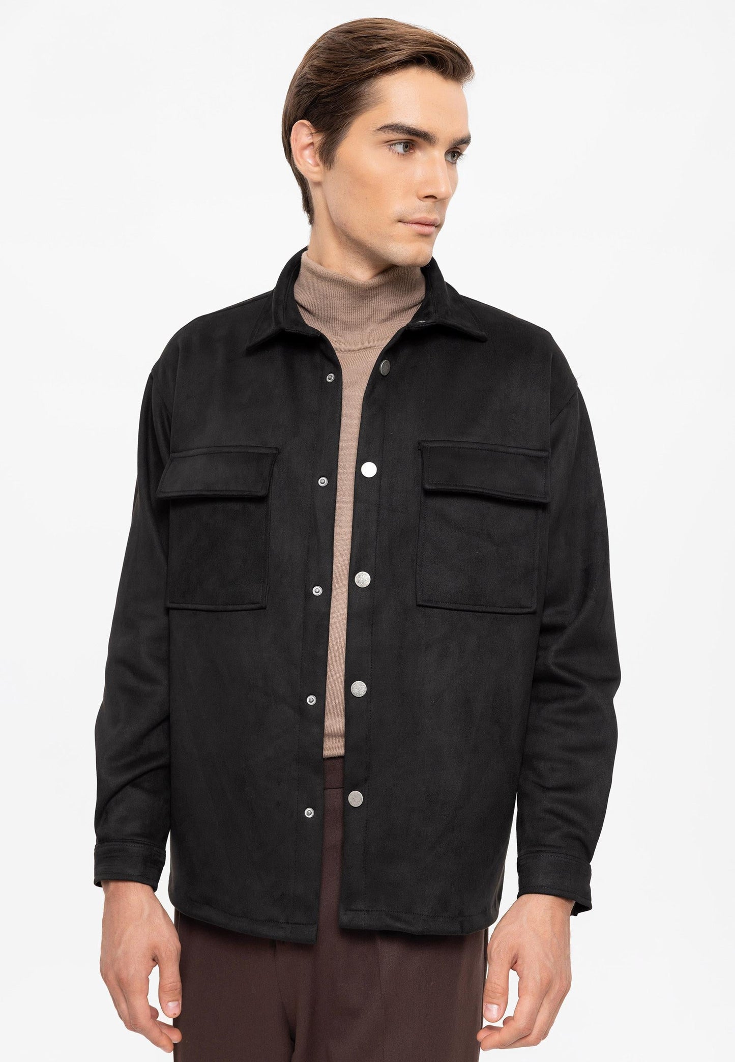 Men's Black Suede Regular Fit Shirt with Metal Buttons