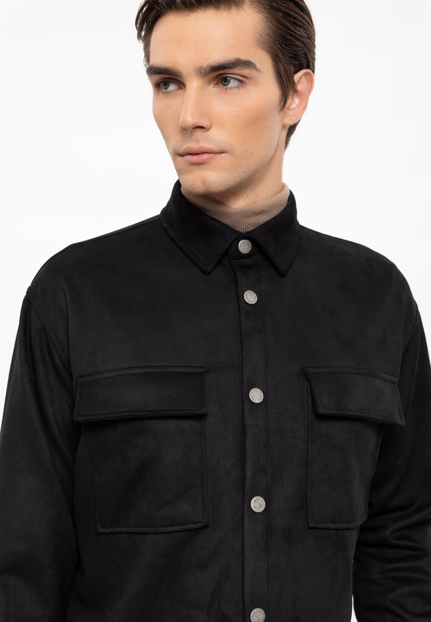 Men's Black Suede Regular Fit Shirt with Metal Buttons
