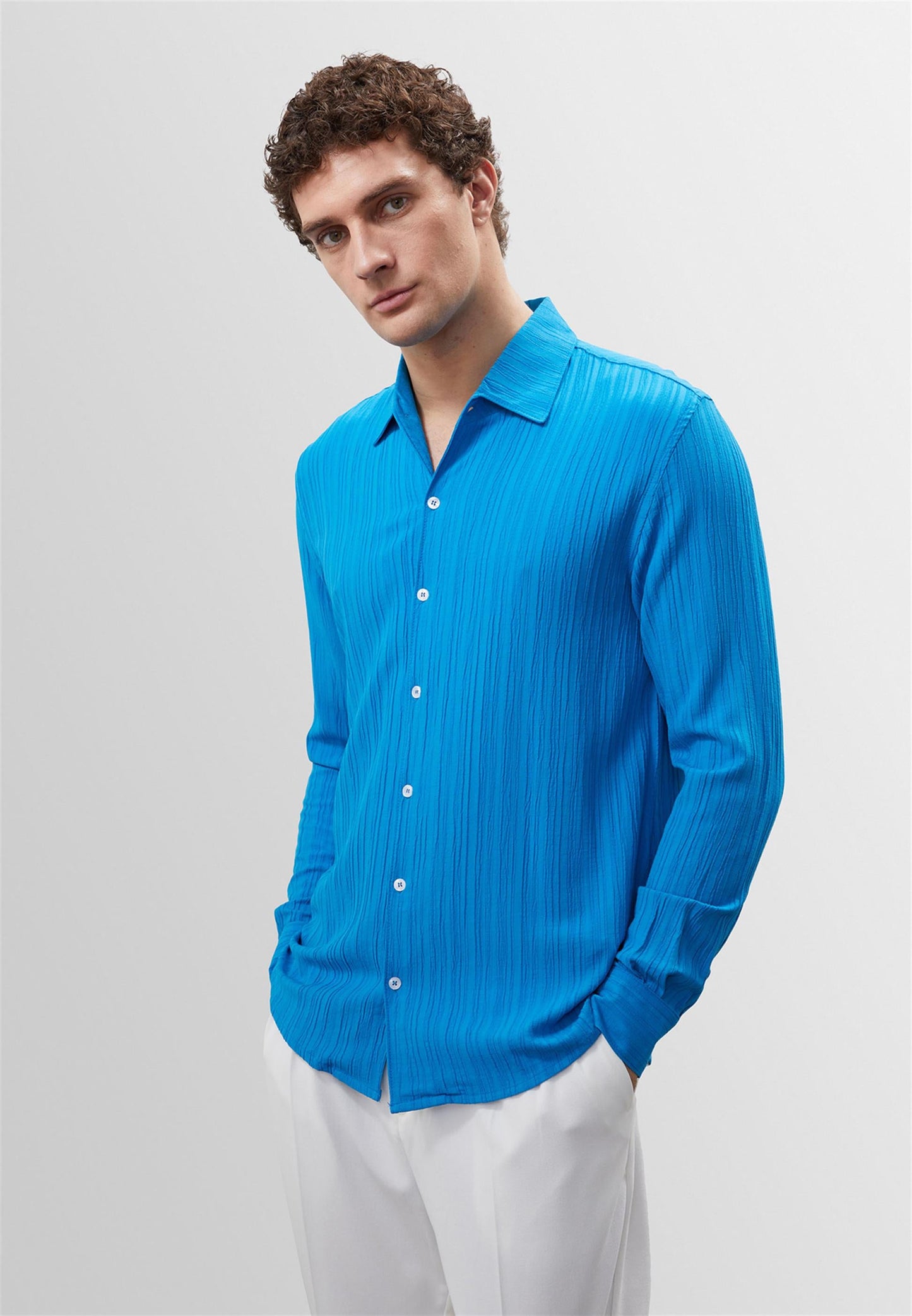 Men's Sax Muslin Fabric Slim Fit Shirt