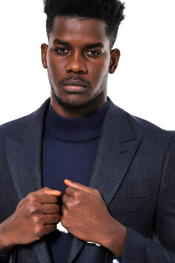 Navy Blue Patterned Slim-Fit Blazer -