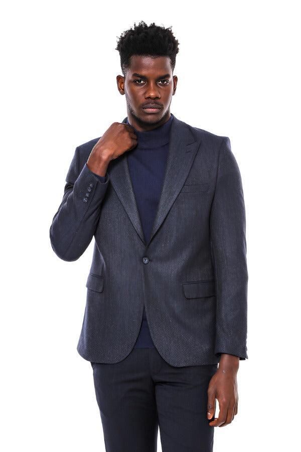 Navy Blue Patterned Slim-Fit Blazer -