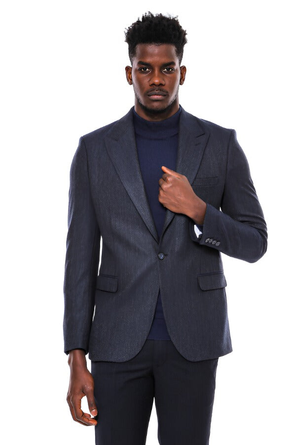 Navy Blue Patterned Slim-Fit Blazer -
