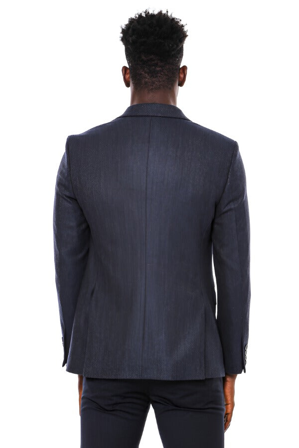 Navy Blue Patterned Slim-Fit Blazer -