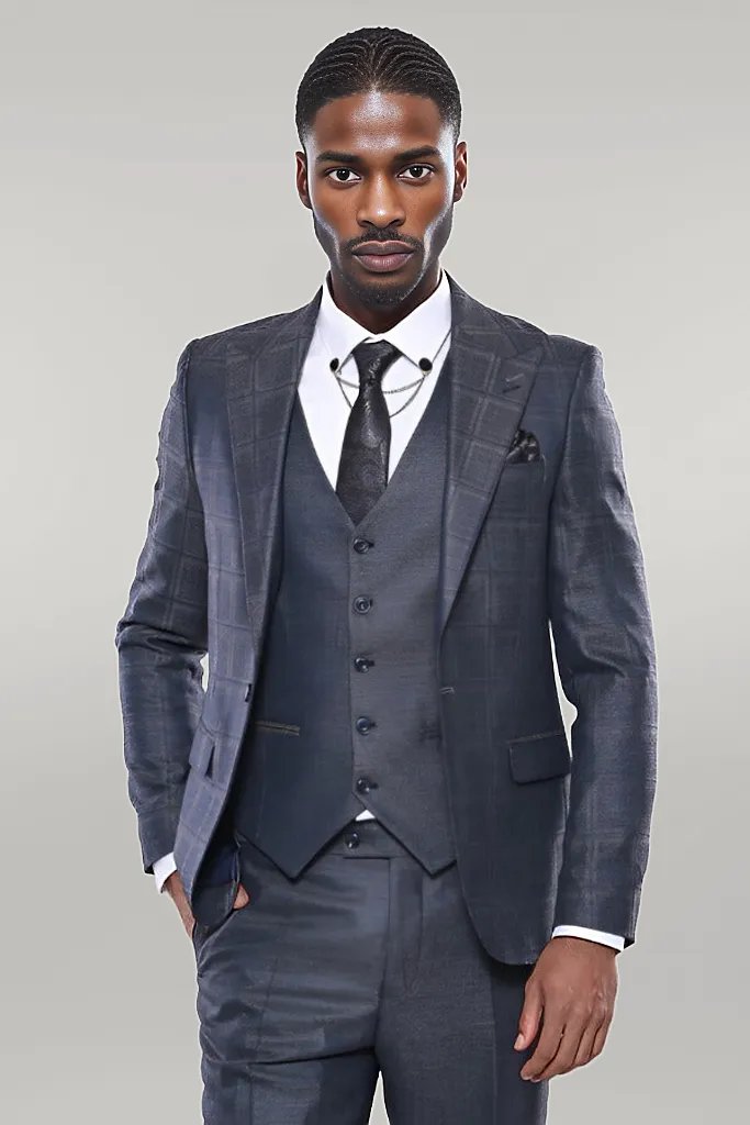 Navy Patterned Vested Suit |