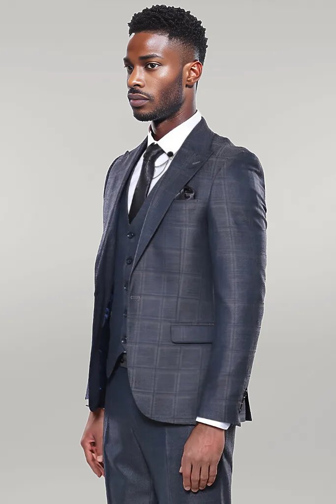 Navy Patterned Vested Suit |