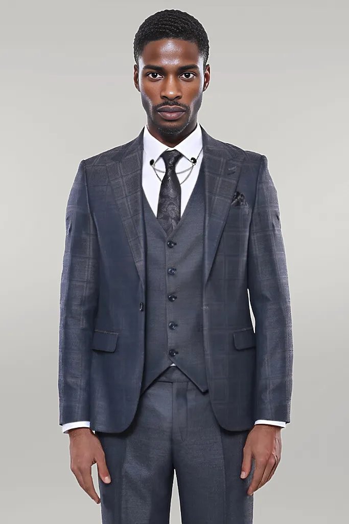 Navy Patterned Vested Suit |