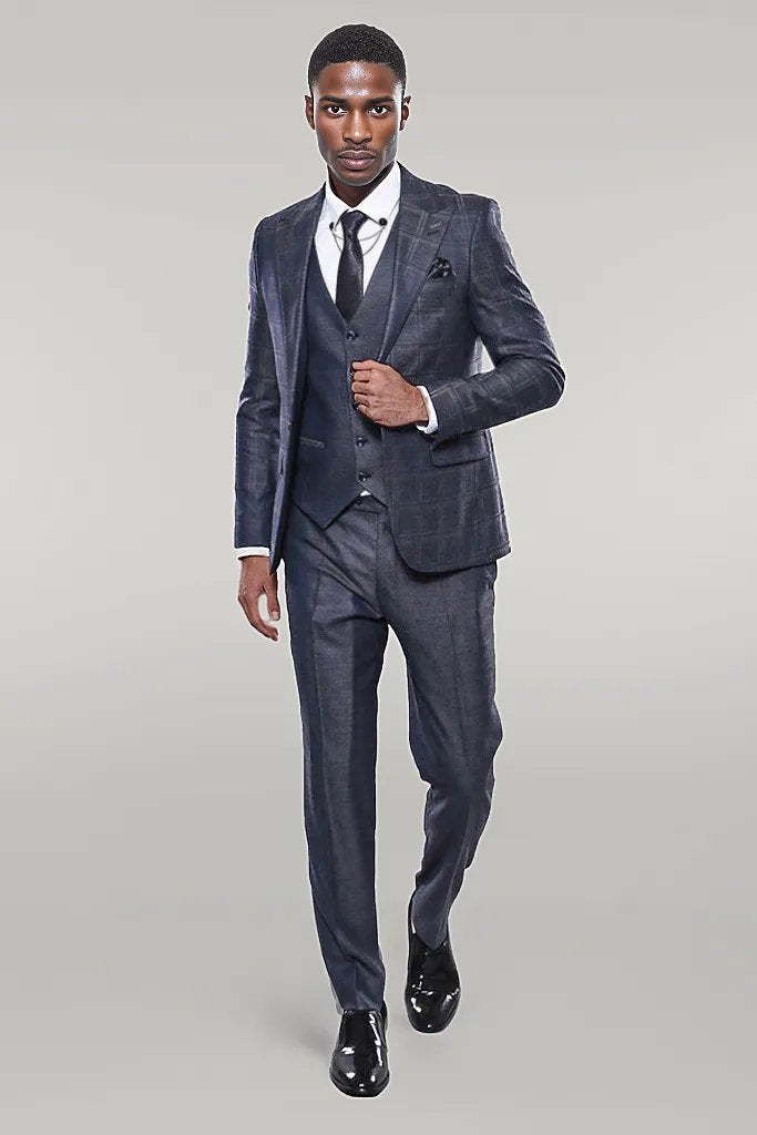 Navy Patterned Vested Suit |