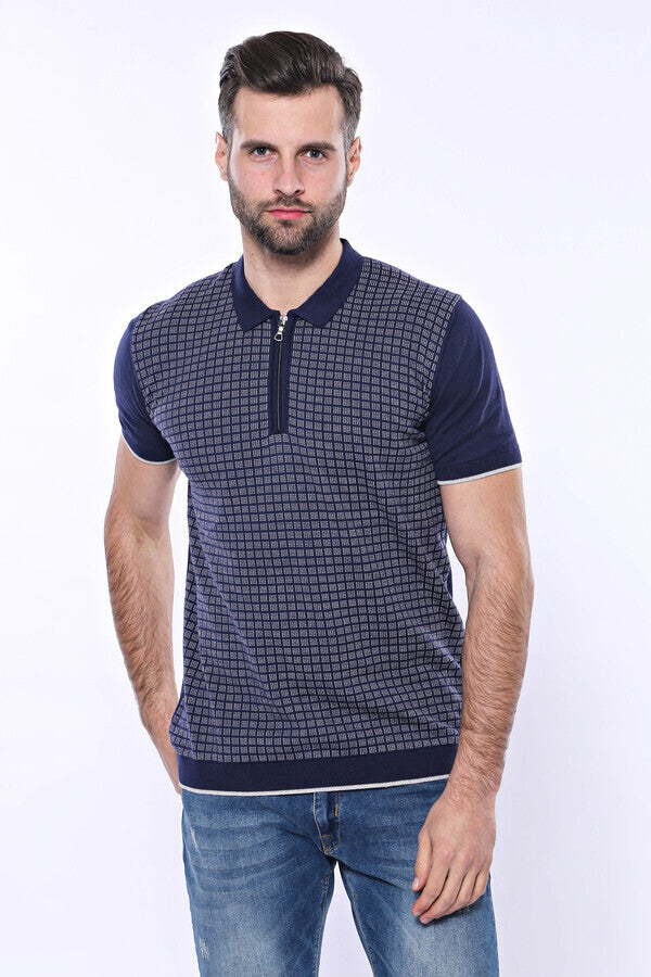 Navy Plaid Zippered Knitted Polo T-Shirt