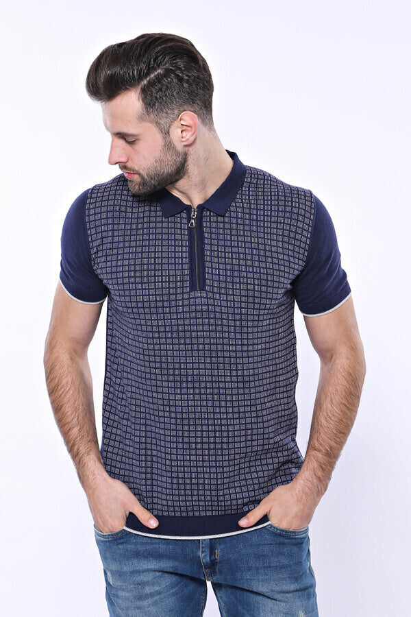 Navy Plaid Zippered Knitted Polo T-Shirt