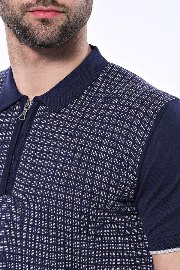 Navy Plaid Zippered Knitted Polo T-Shirt