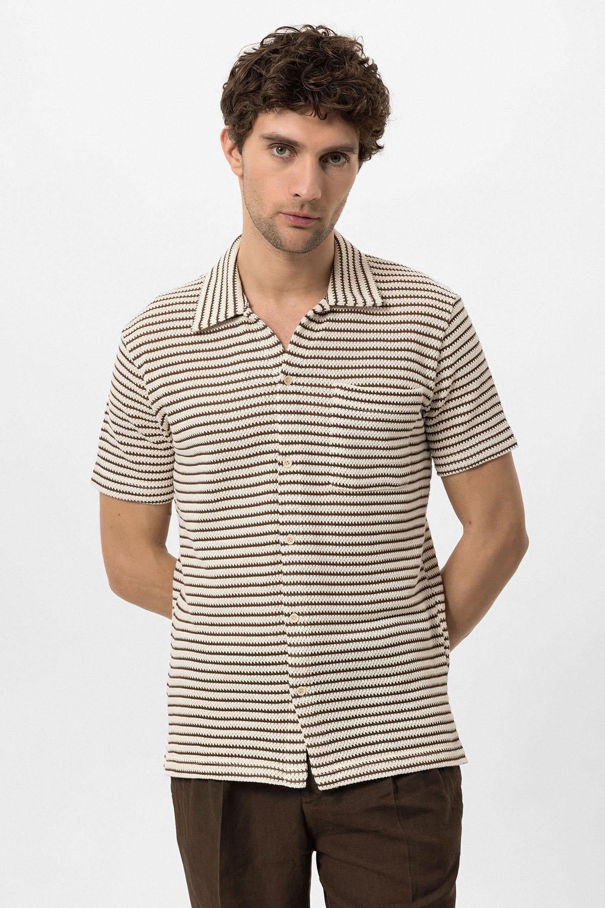 KOALA SYDNEY Men's Brown Knit Striped Short Sleeve Shirt
