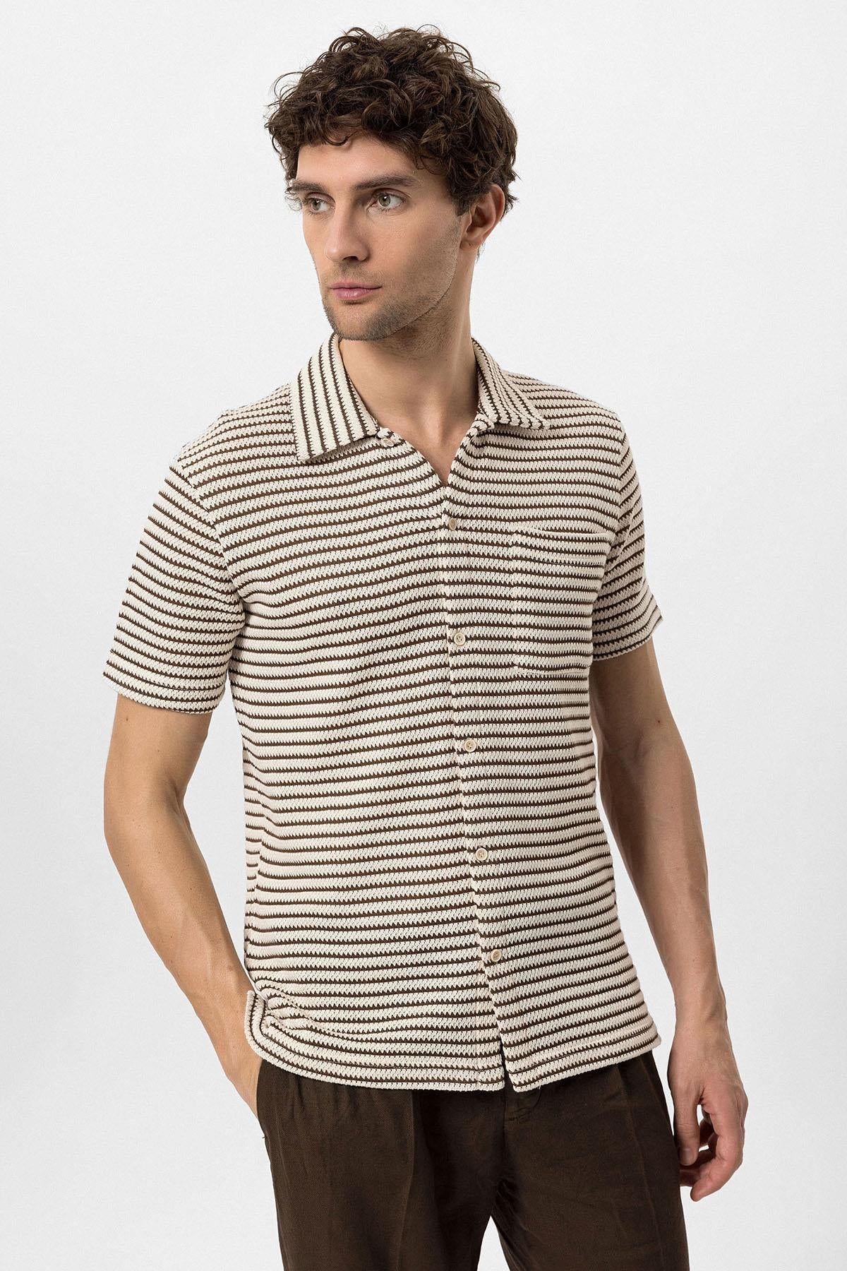 KOALA SYDNEY Men's Brown Knit Striped Short Sleeve Shirt