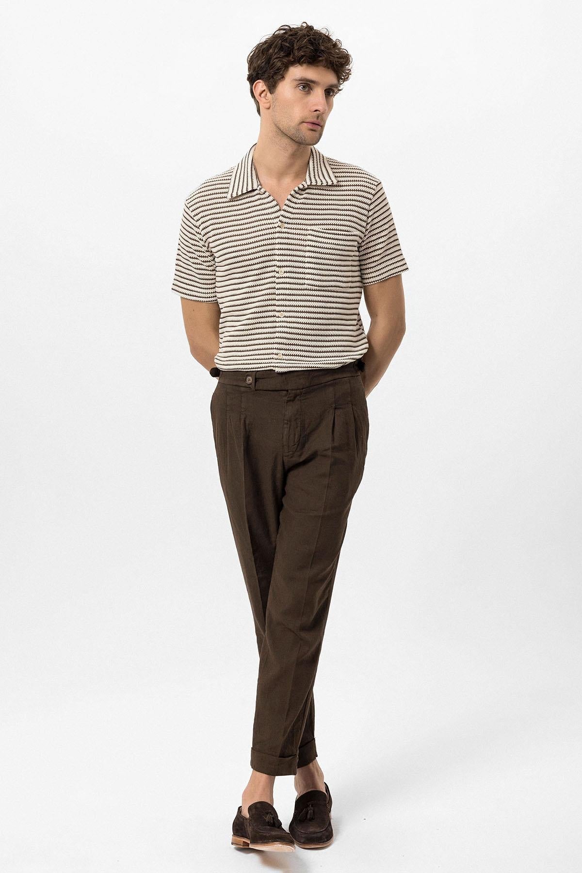 KOALA SYDNEY Men's Brown Knit Striped Short Sleeve Shirt -