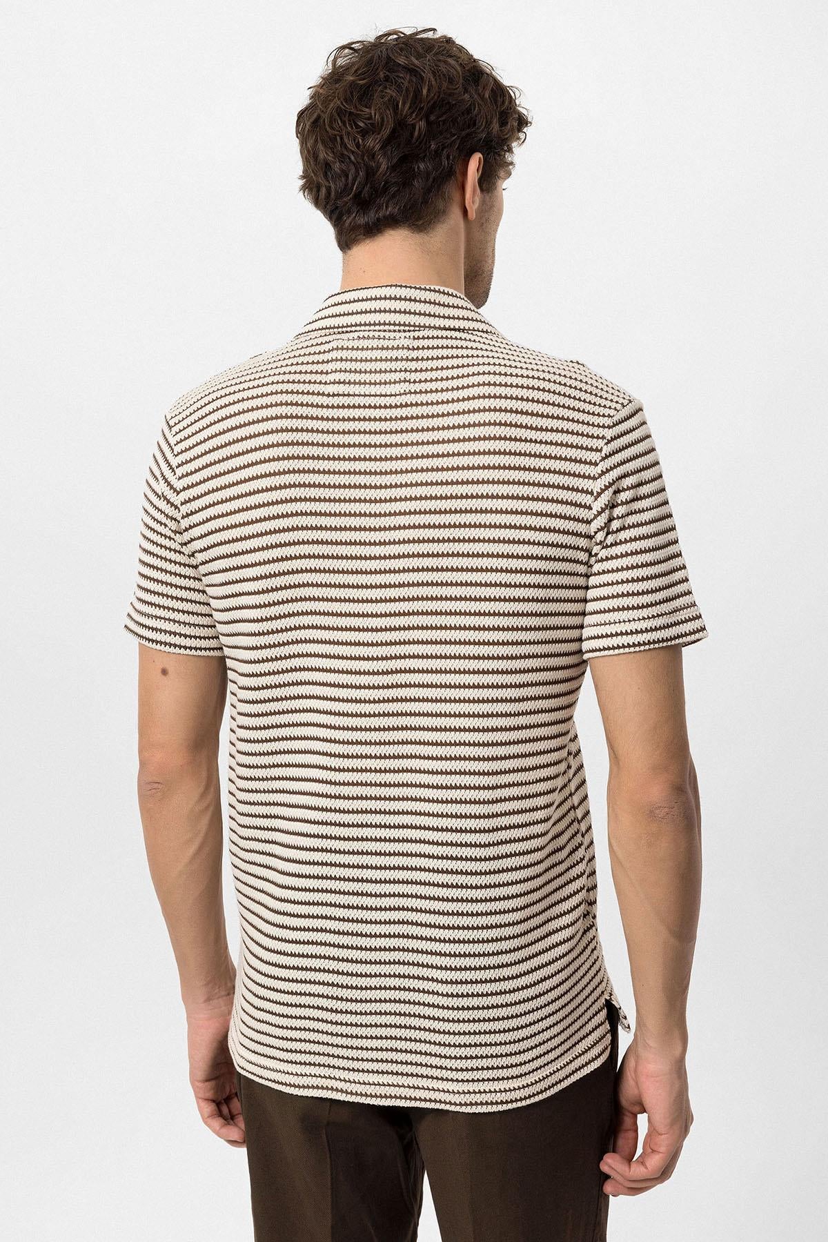 KOALA SYDNEY Men's Brown Knit Striped Short Sleeve Shirt -