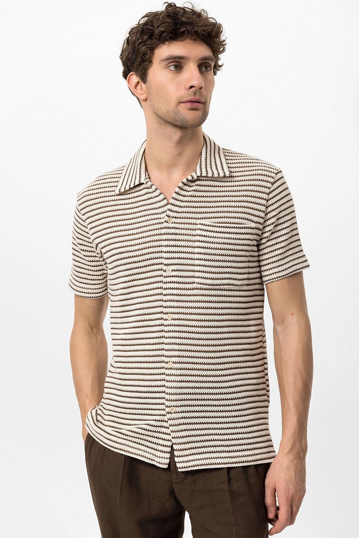 KOALA SYDNEY Men's Brown Knit Striped Short Sleeve Shirt -