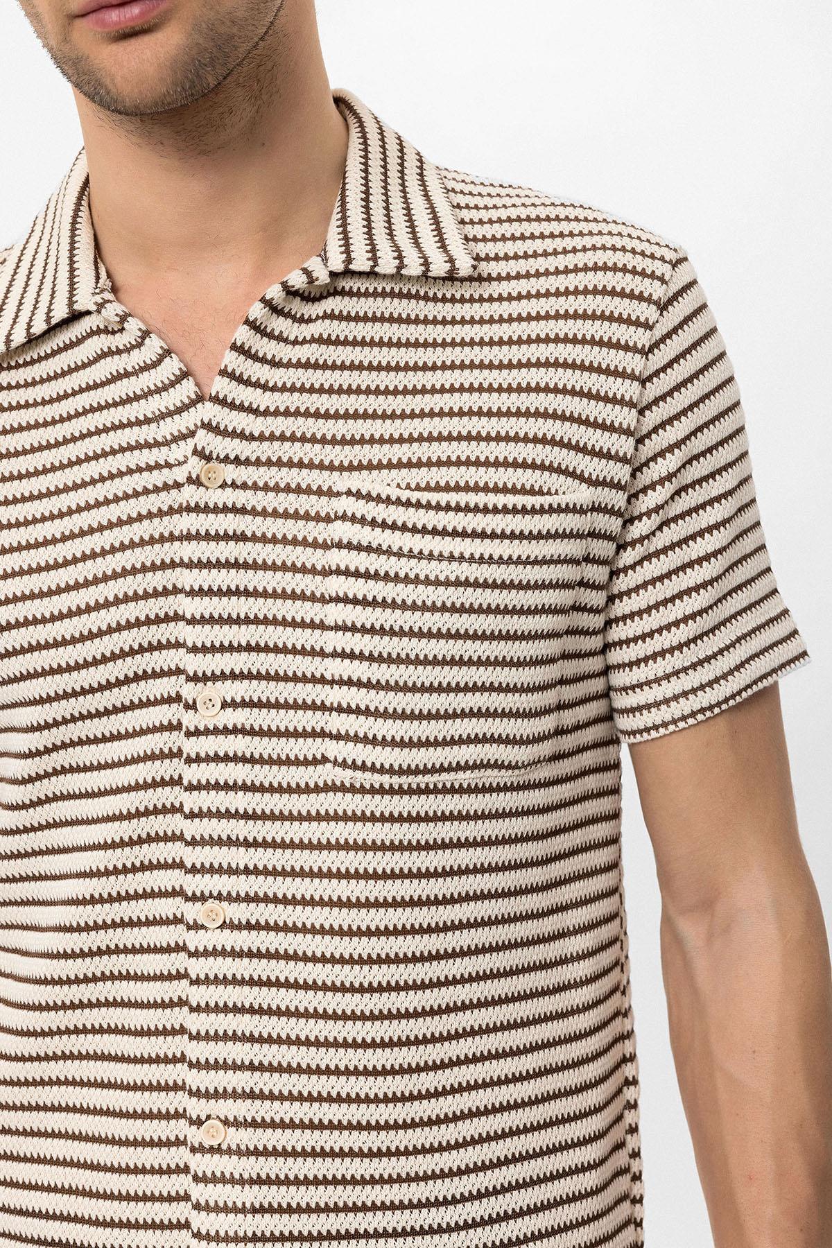 KOALA SYDNEY Men's Brown Knit Striped Short Sleeve Shirt -