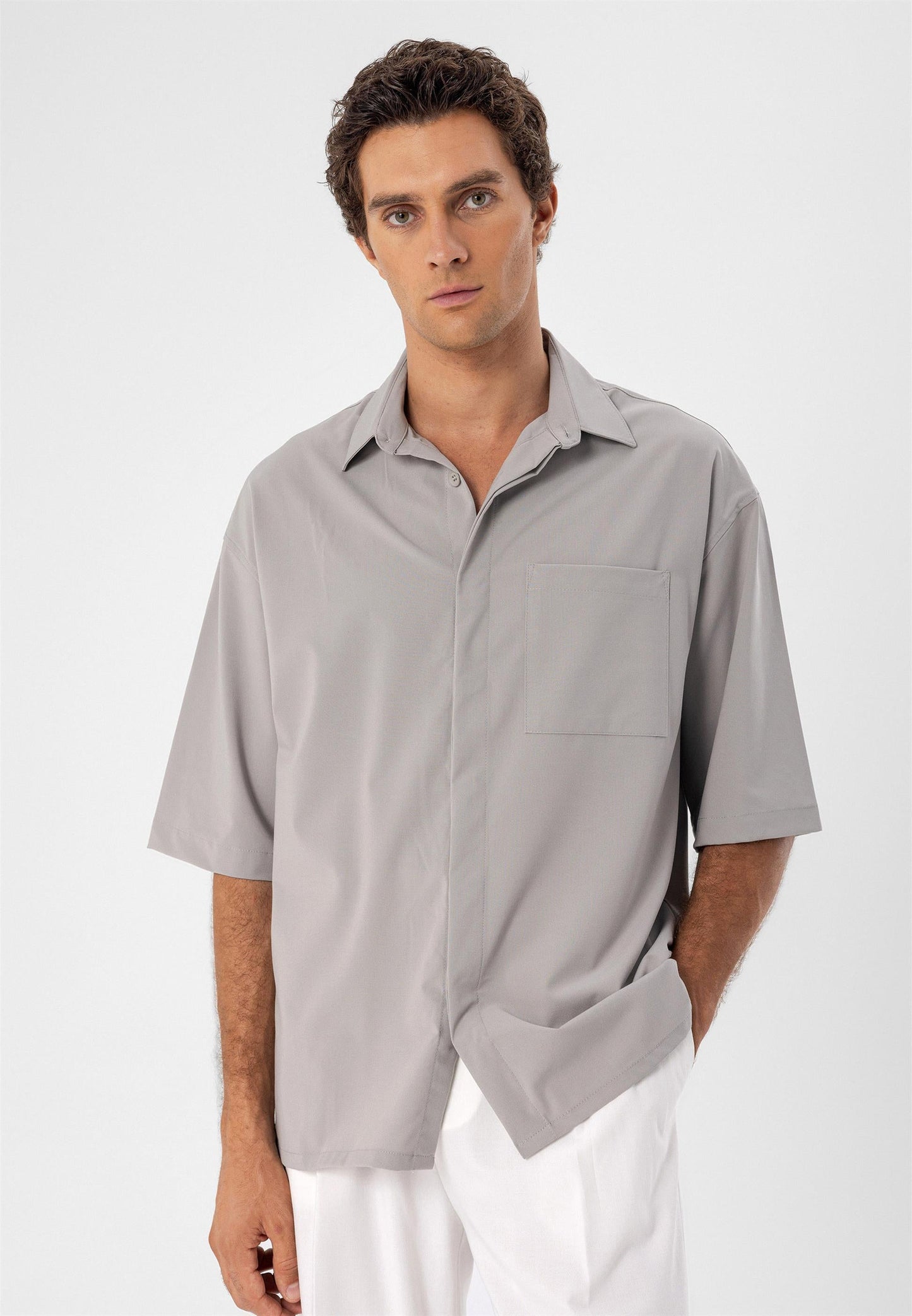 Men's Light Grey Oversize Hidden Button Short Sleeve Shirt