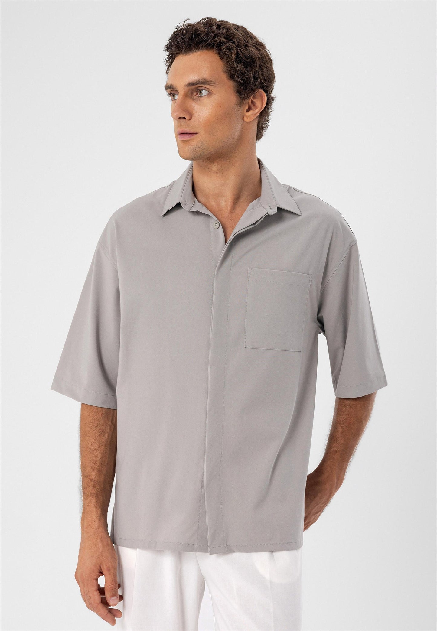 Men's Light Grey Oversize Hidden Button Short Sleeve Shirt