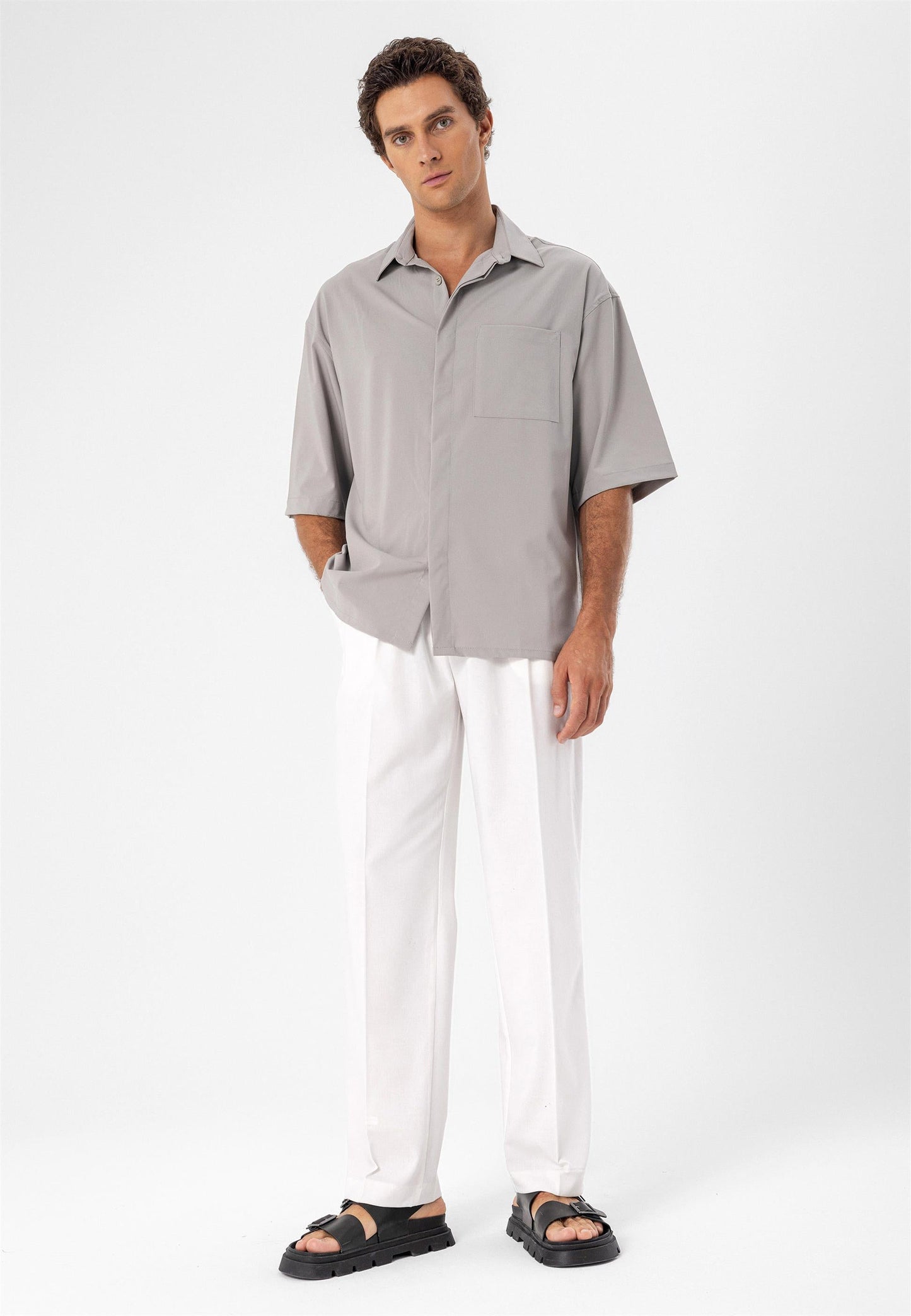 Men's Light Grey Oversize Hidden Button Short Sleeve Shirt