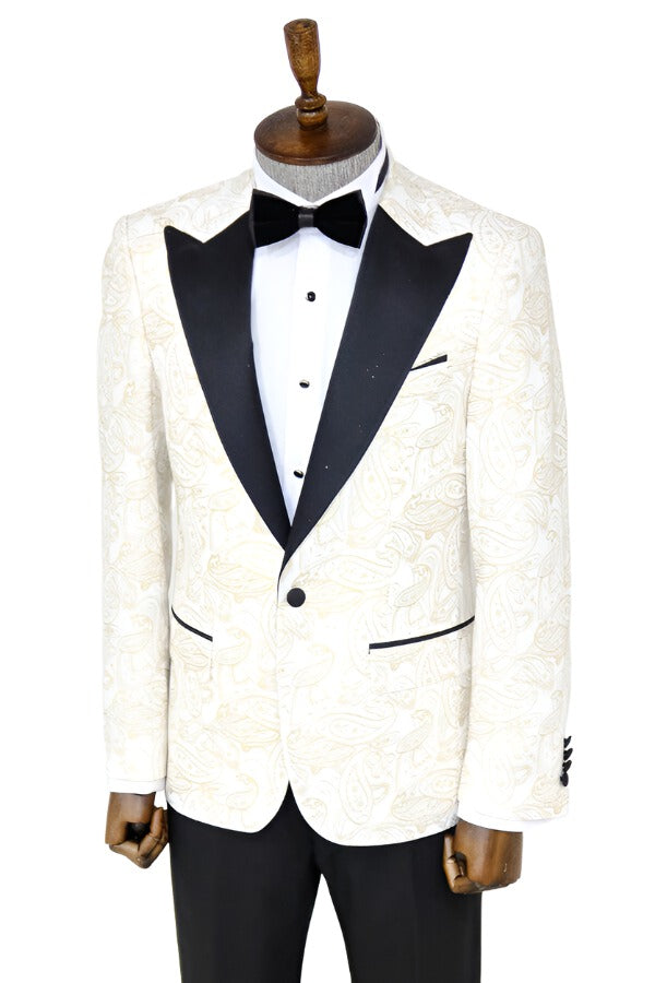 Paisley Peak Lapel White Men Groom Wedding Jacket -