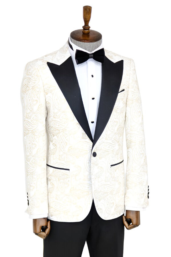 Paisley Peak Lapel White Men Groom Wedding Jacket -