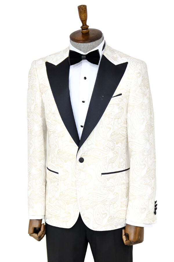Paisley Peak Lapel White Men Groom Wedding Jacket -