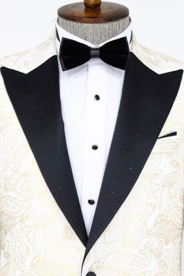 Paisley Peak Lapel White Men Groom Wedding Jacket -