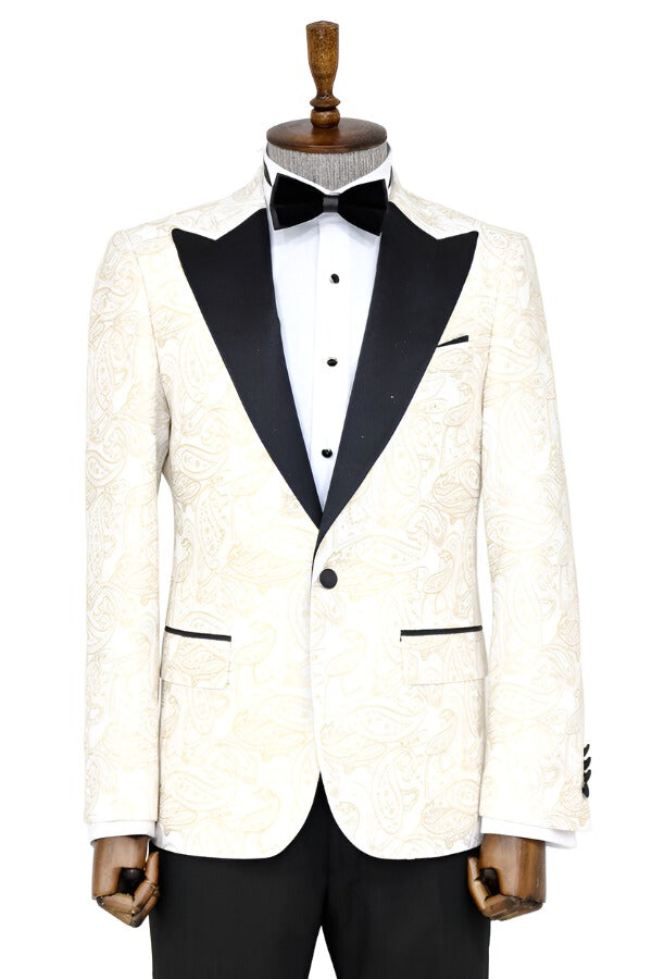 Paisley Peak Lapel White Men Groom Wedding Jacket -