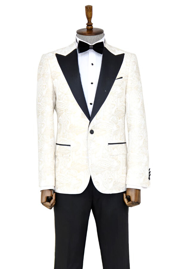 Paisley Peak Lapel White Men Groom Wedding Jacket -