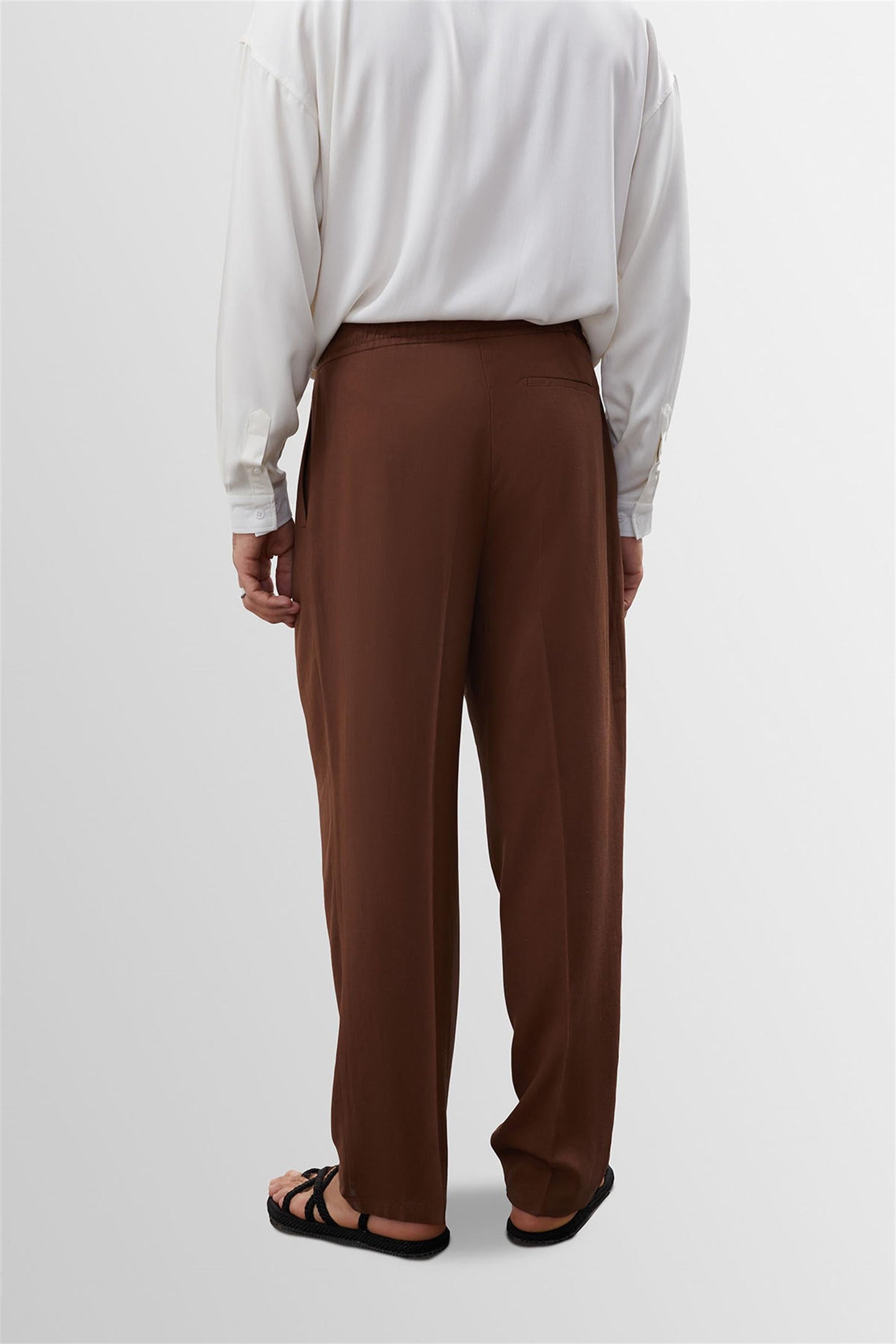 Men's Brown High Waist Pleated Linen Blend Trousers