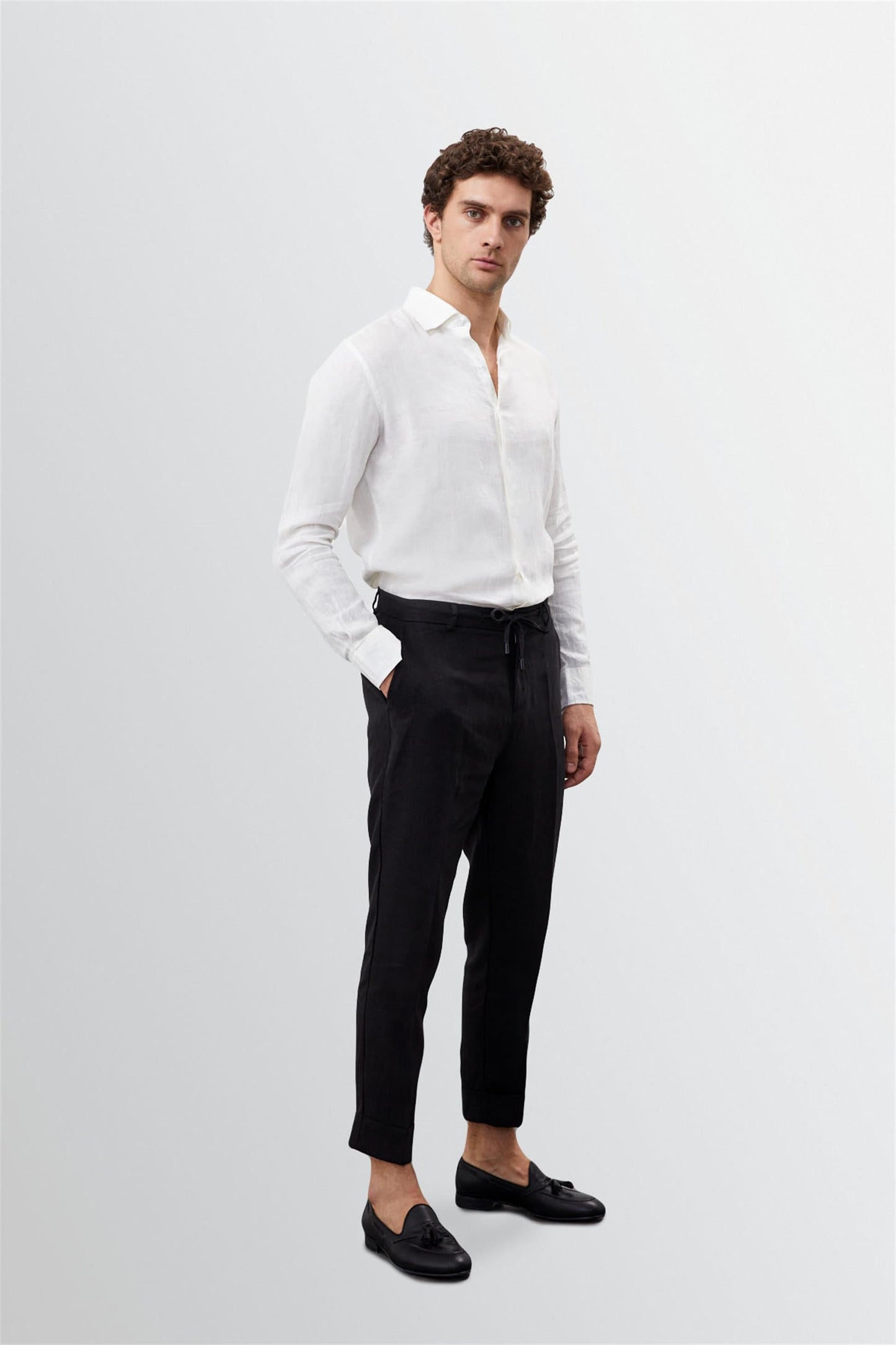 KOALA SYDNEY Men's Black Tie Waist High Waist 100% Linen Trousers