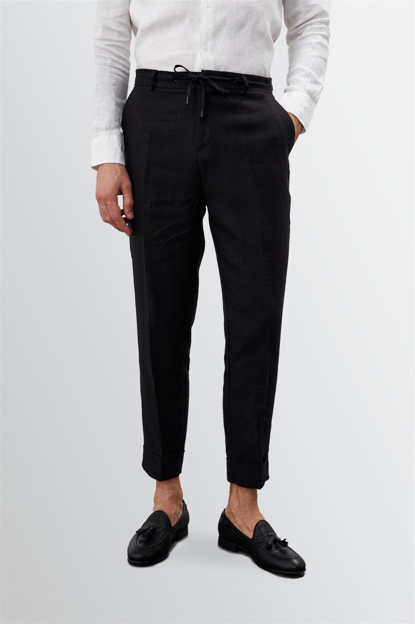 KOALA SYDNEY Men's Black Tie Waist High Waist 100% Linen Trousers